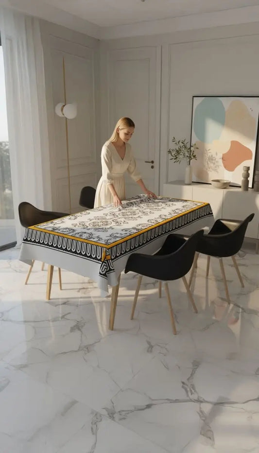 Barocco Harlequin Masa Örtüsü – 225x145 cm | Lüks Siyah Beyaz Barok Desenli Sofra Örtüsü | Queen Bee Istanbul - QueenBeeIstanbul