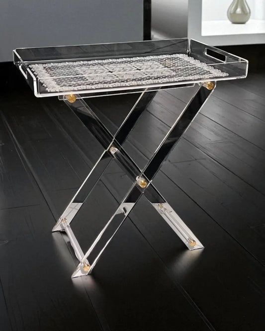 Dantel Desenli Akrilik Pleksi Katlanır Ayaklı Portatif Tepsili Sehpa - QueenBeeIstanbul