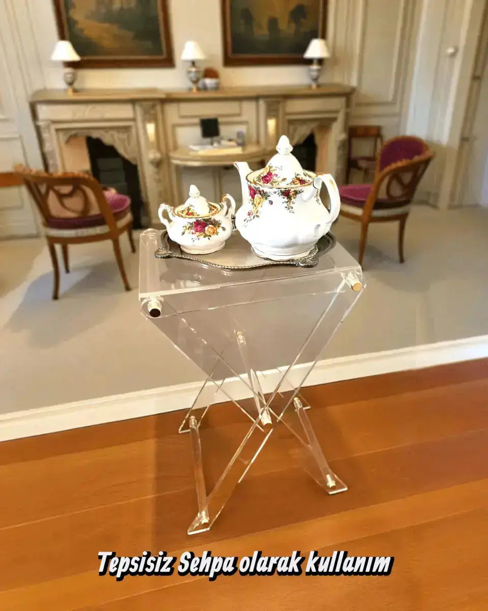 Dantel Desenli Akrilik Pleksi Katlanır Ayaklı Portatif Tepsili Sehpa - QueenBeeIstanbul