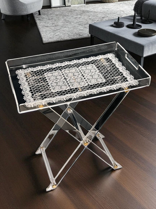 Dantel Desenli Akrilik Pleksi Katlanır Ayaklı Portatif Tepsili Sehpa - QueenBeeIstanbul