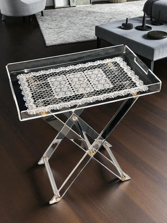 Dantel Desenli Akrilik Pleksi Katlanır Ayaklı Portatif Tepsili Sehpa - QueenBeeIstanbul