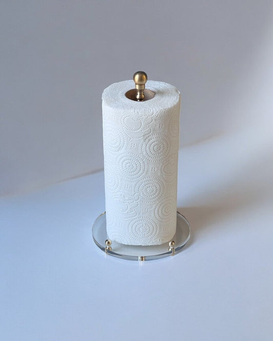 El Yapımı Pirinç Aksesuarlı Pleksi Rulo Kağıt Havlu Standı - Şeffaf Taban - QueenBeeIstanbul