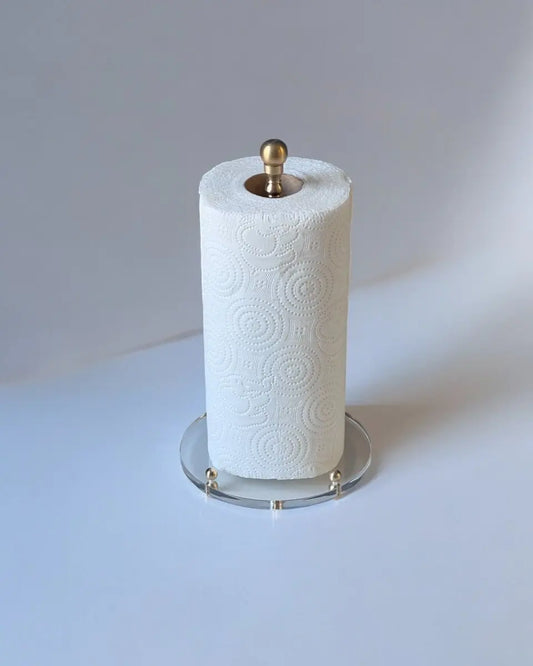 El Yapımı Pirinç Aksesuarlı Pleksi Rulo Kağıt Havlu Standı - Şeffaf Taban - QueenBeeIstanbul