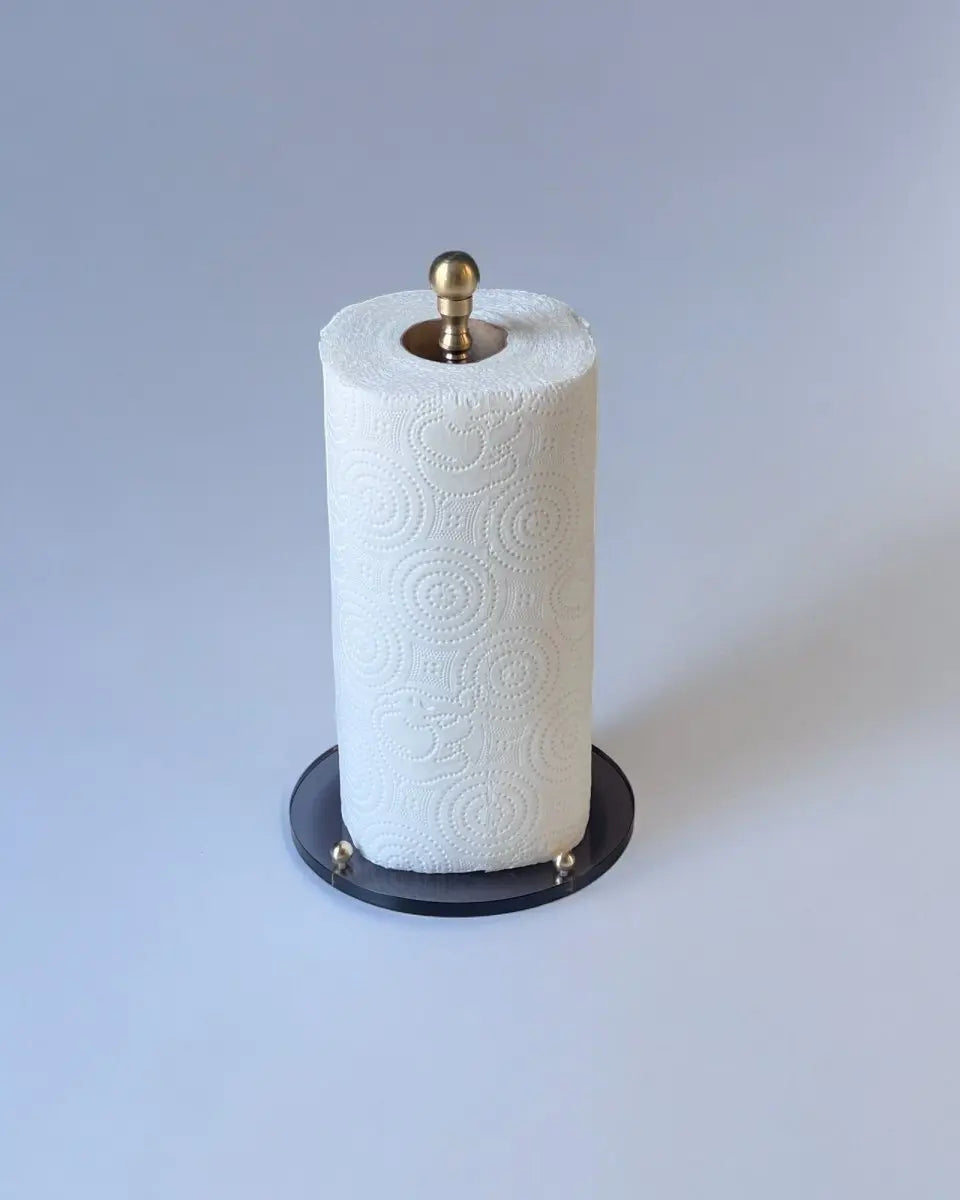 El Yapımı Pirinç Aksesuarlı Pleksi Rulo Kağıt Havlu Standı - Siyah Taban - QueenBeeIstanbul