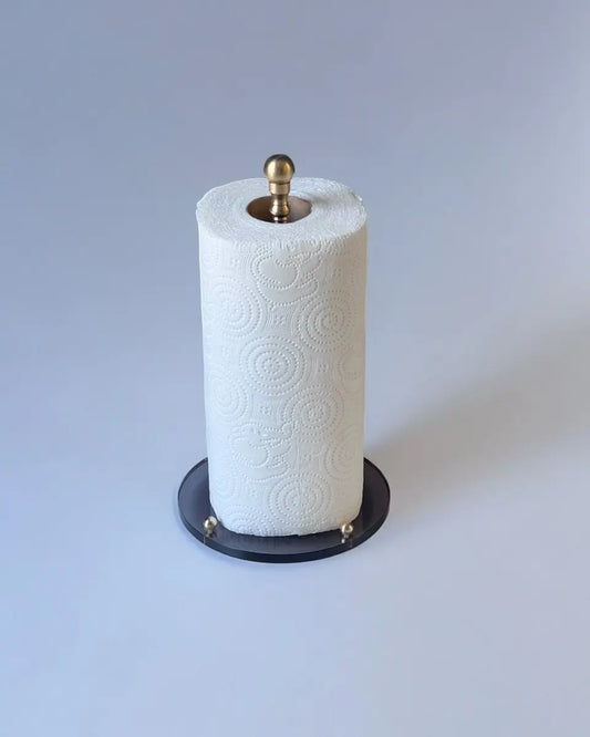El Yapımı Pirinç Aksesuarlı Pleksi Rulo Kağıt Havlu Standı - Siyah Taban - QueenBeeIstanbul