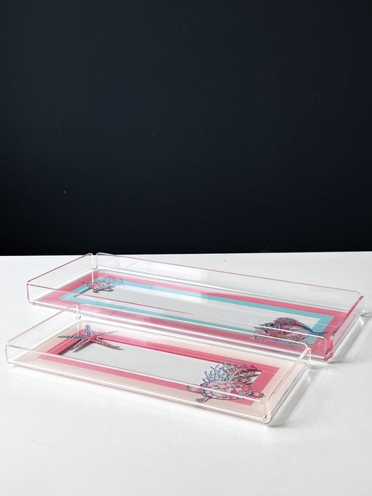 Kokoş Balık Desenli Pleksi Kulpsuz Servis ve Sunum Tepsisi 2'li Set - QueenBeeIstanbul