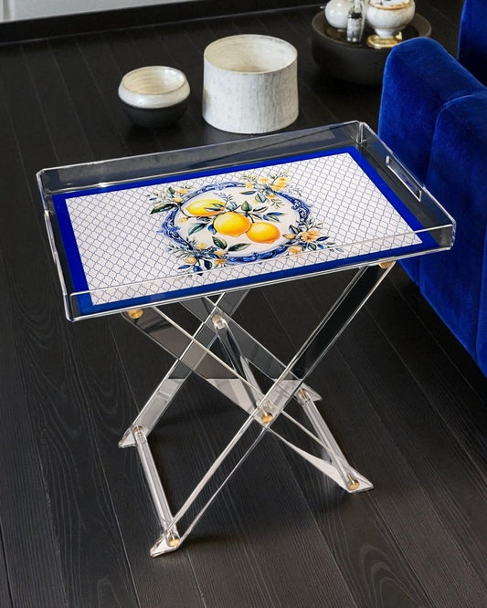 Limon Desenli Akrilik Pleksi Katlanır Ayaklı Portatif Tepsili Sehpa - QueenBeeIstanbul