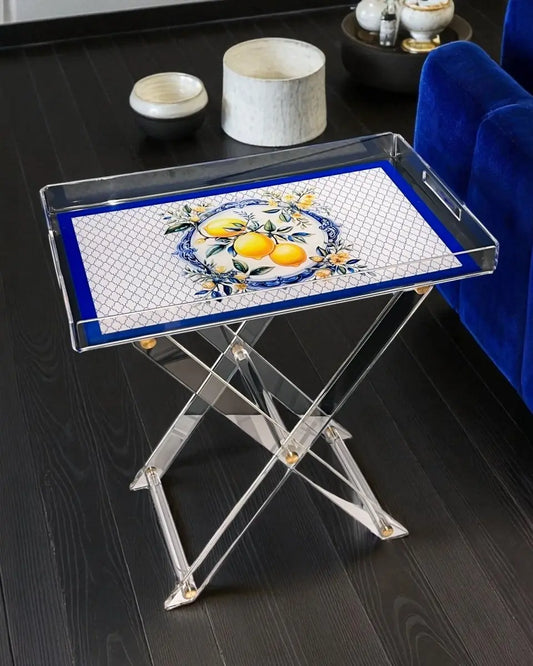 Limon Desenli Akrilik Pleksi Katlanır Ayaklı Portatif Tepsili Sehpa - QueenBeeIstanbul