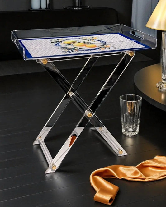 Limon Desenli Akrilik Pleksi Katlanır Ayaklı Portatif Tepsili Sehpa - QueenBeeIstanbul