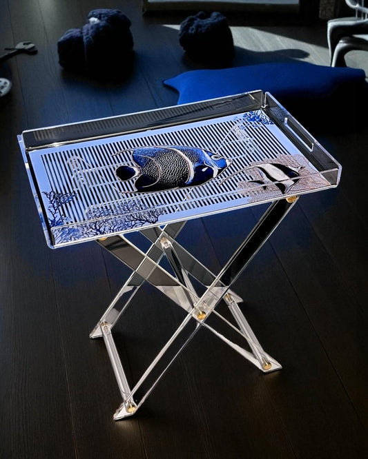 Marin Desenli Akrilik Pleksi Katlanır Ayaklı Portatif Sehpa - QueenBeeIstanbul