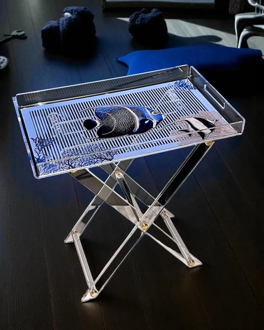 Marin Desenli Akrilik Pleksi Katlanır Ayaklı Portatif Sehpa - QueenBeeIstanbul