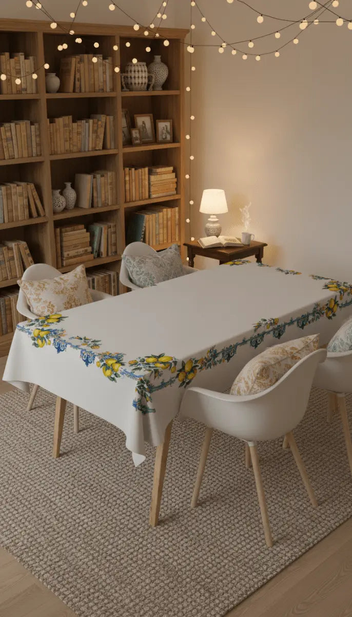 Mediterranean Lemon Masa Örtüsü | Keten Dokulu, Dertsiz ve Leke Tutmayan Akdeniz Desenli Sofra Örtüsü | Queen Bee Istanbul - QueenBeeIstanbul