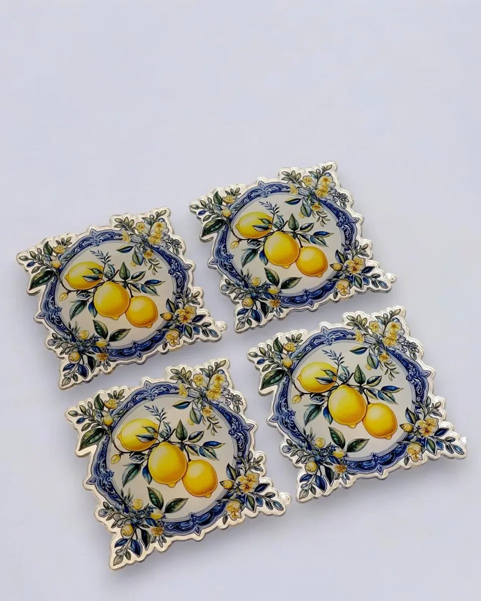 Özel Kesim Limon Desenli 4'lü Bardak Altlığı Seti - QueenBeeIstanbul