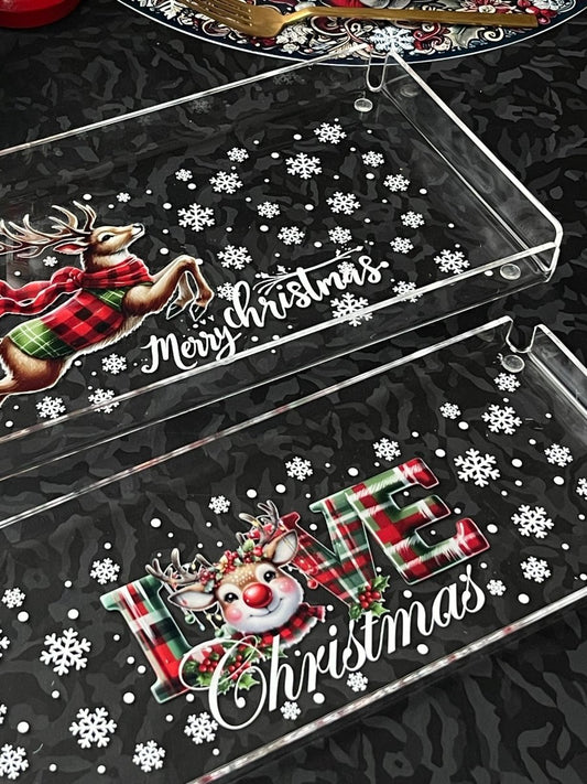 Yeni Yıl Yılbaşı Temalı 2'li Dekoratif Pleksi Tepsi ve 4'lü Bardak Altı Seti LOVE - QueenBeeIstanbul