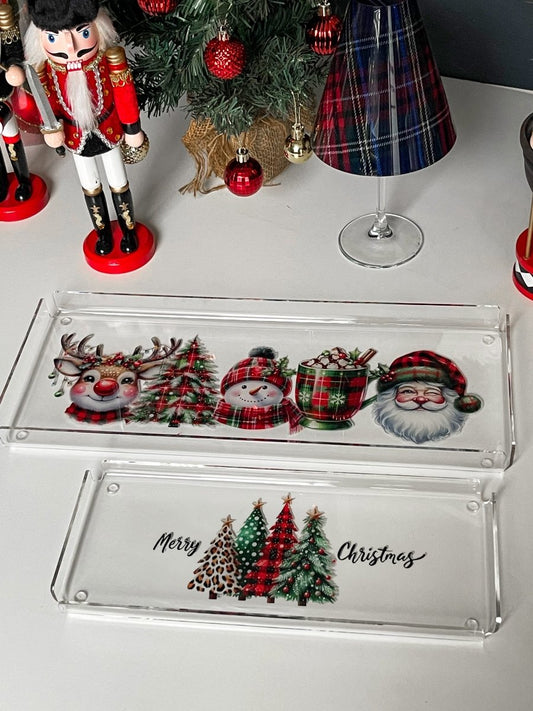 Yeni Yıl Yılbaşı Temalı 2'li Dekoratif Pleksi Tepsi ve 4'lü Bardak Altı Seti Santa - QueenBeeIstanbul