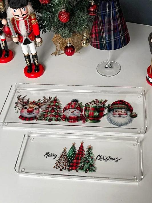 Yeni Yıl Yılbaşı Temalı 2'li Dekoratif Pleksi Tepsi ve 4'lü Bardak Altı Seti Santa - QueenBeeIstanbul