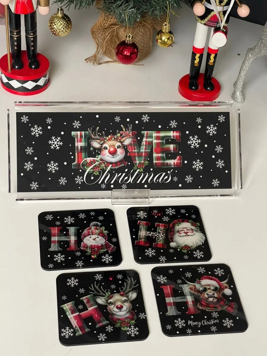 Yeni Yıl Yılbaşı Temalı 2'li Dekoratif Pleksi Tepsi ve 4'lü Bardak Altı Seti Siyah LOVE - QueenBeeIstanbul