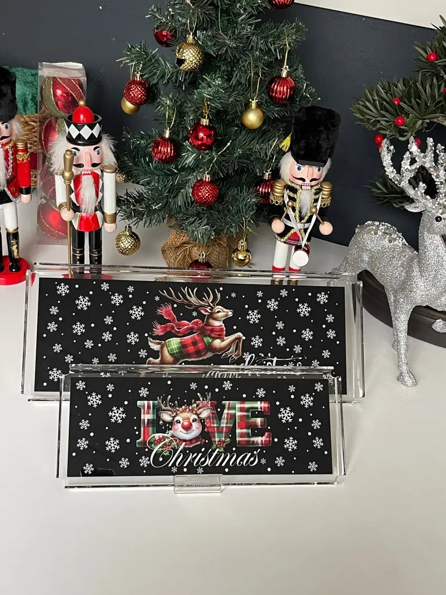 Yeni Yıl Yılbaşı Temalı 2'li Dekoratif Pleksi Tepsi ve 4'lü Bardak Altı Seti Siyah LOVE - QueenBeeIstanbul