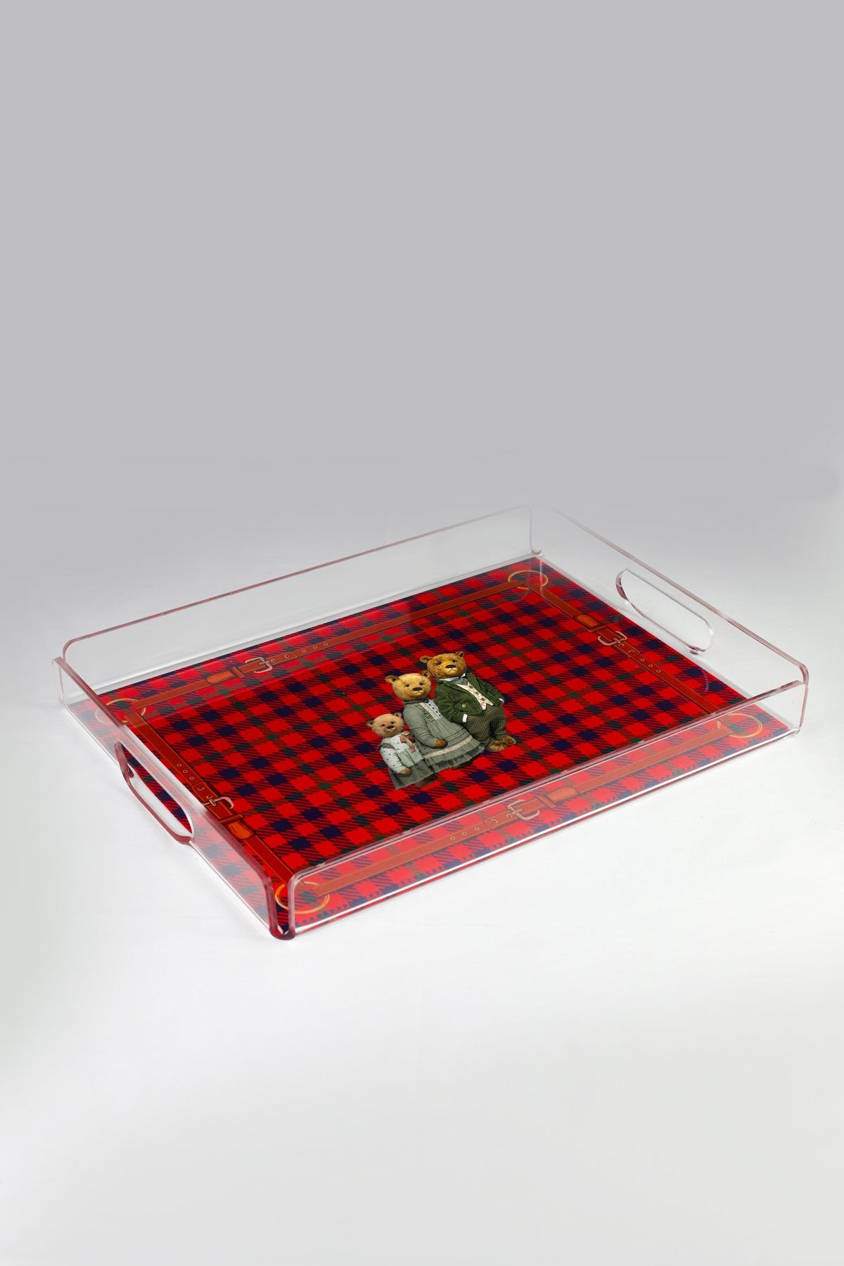 Kırmızı Ekose Teddy Bear Pleksi Tepsi