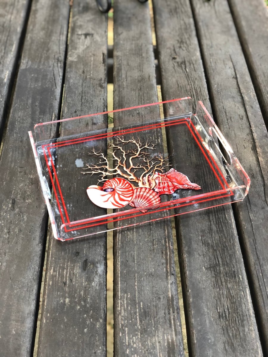 Deniz kabuklu mercan pleksi tepsi - QueenBeeIstanbul