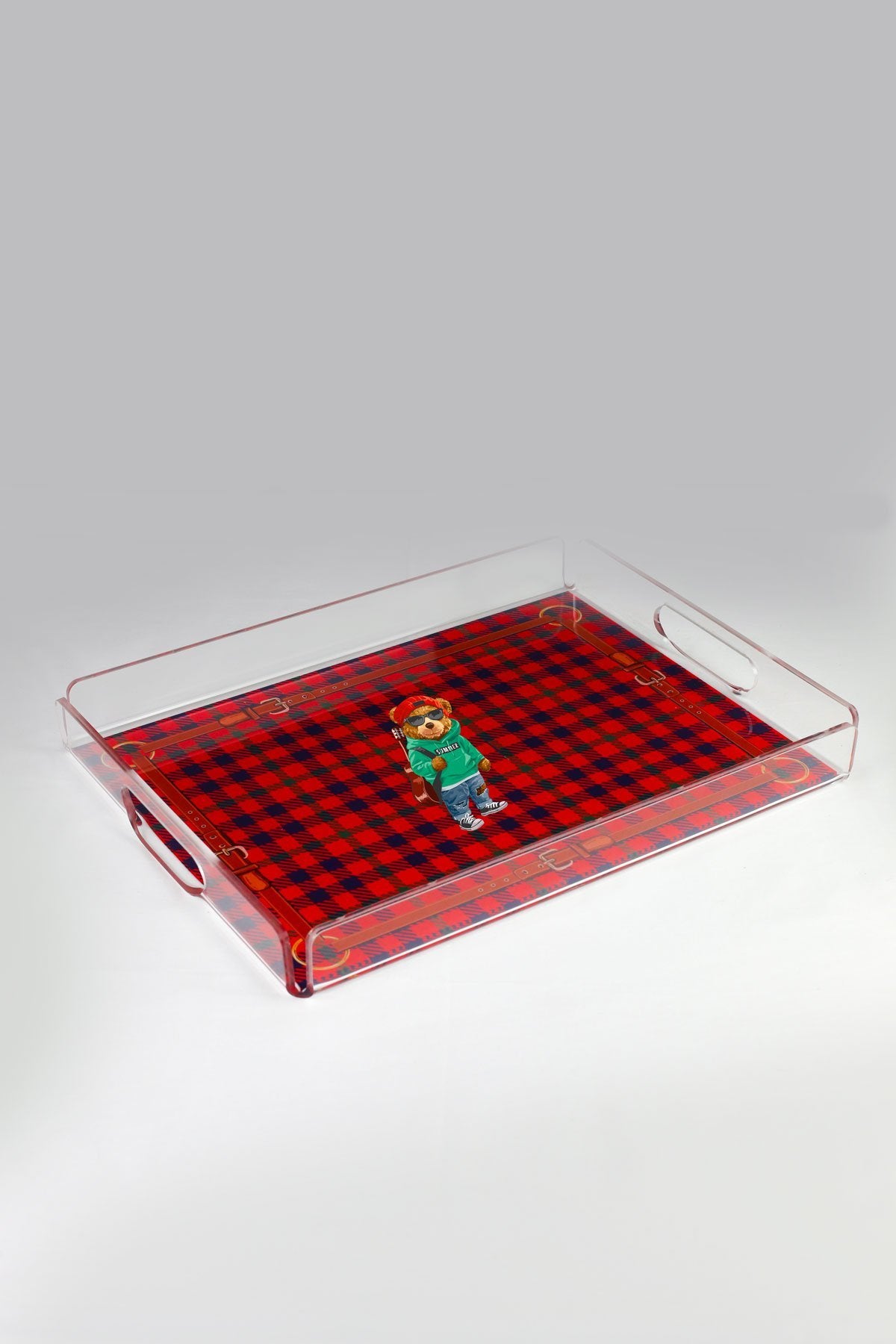 Red Plaid Teddy Bear Plexiglass Tray