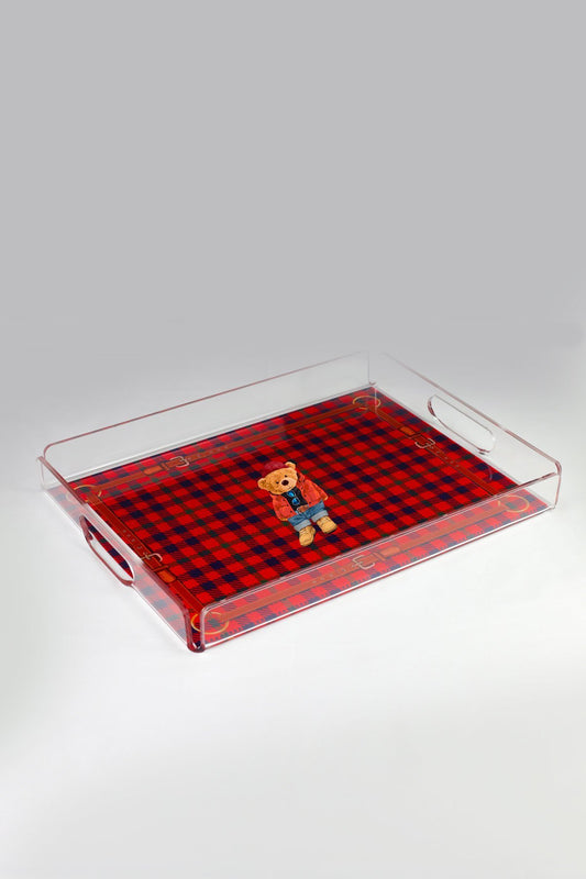 Kırmızı Ekose Teddy Bear Pleksi Tepsi
