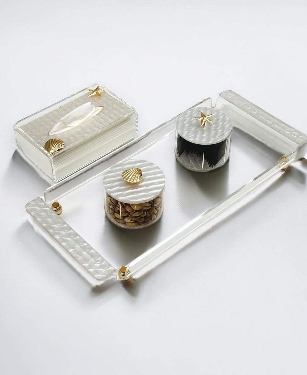 🌟 Lüks Sunum ve Servis İçin Akrilik Sedef Detaylı Şeffaf Pleksi Tepsi 🌟 - QueenBeeIstanbul