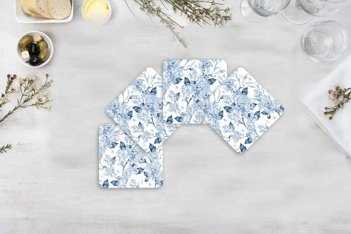 Mavi Çiçekli Akrilik Amerikan Servis ve Bardak Altı Set (4 Parça) - QueenBeeIstanbul