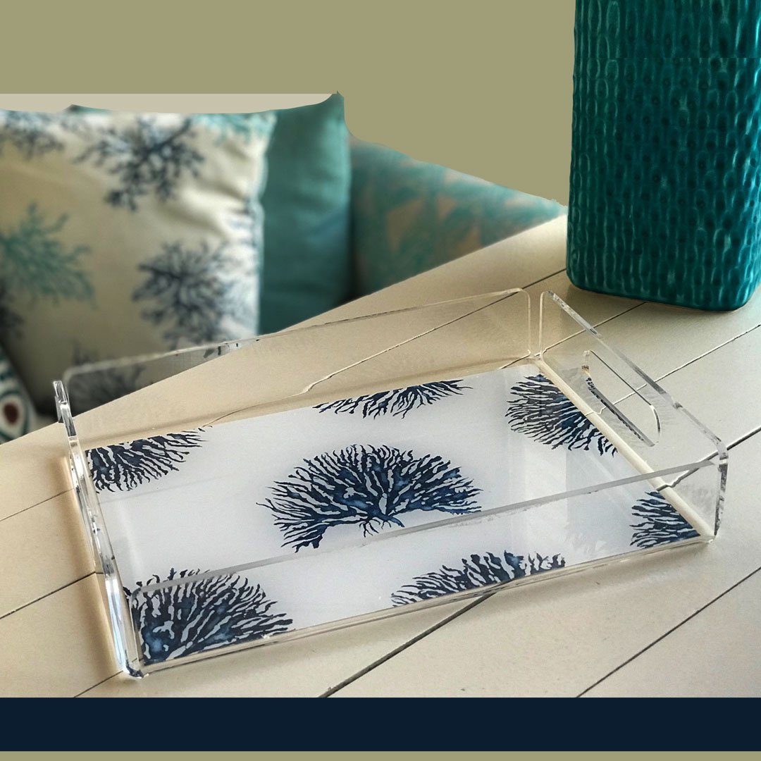 Mavi Mercan Desenli Pleksi Tepsi