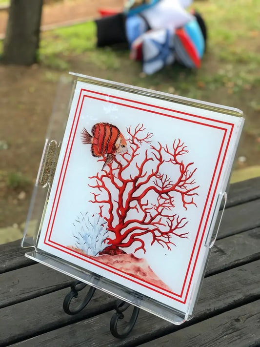 Mercan temalı pleksi tepsi - QueenBeeIstanbul