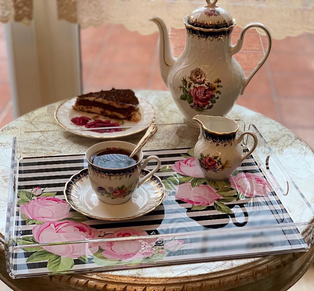 Pink Rose Desenli Pleksi Tepsi