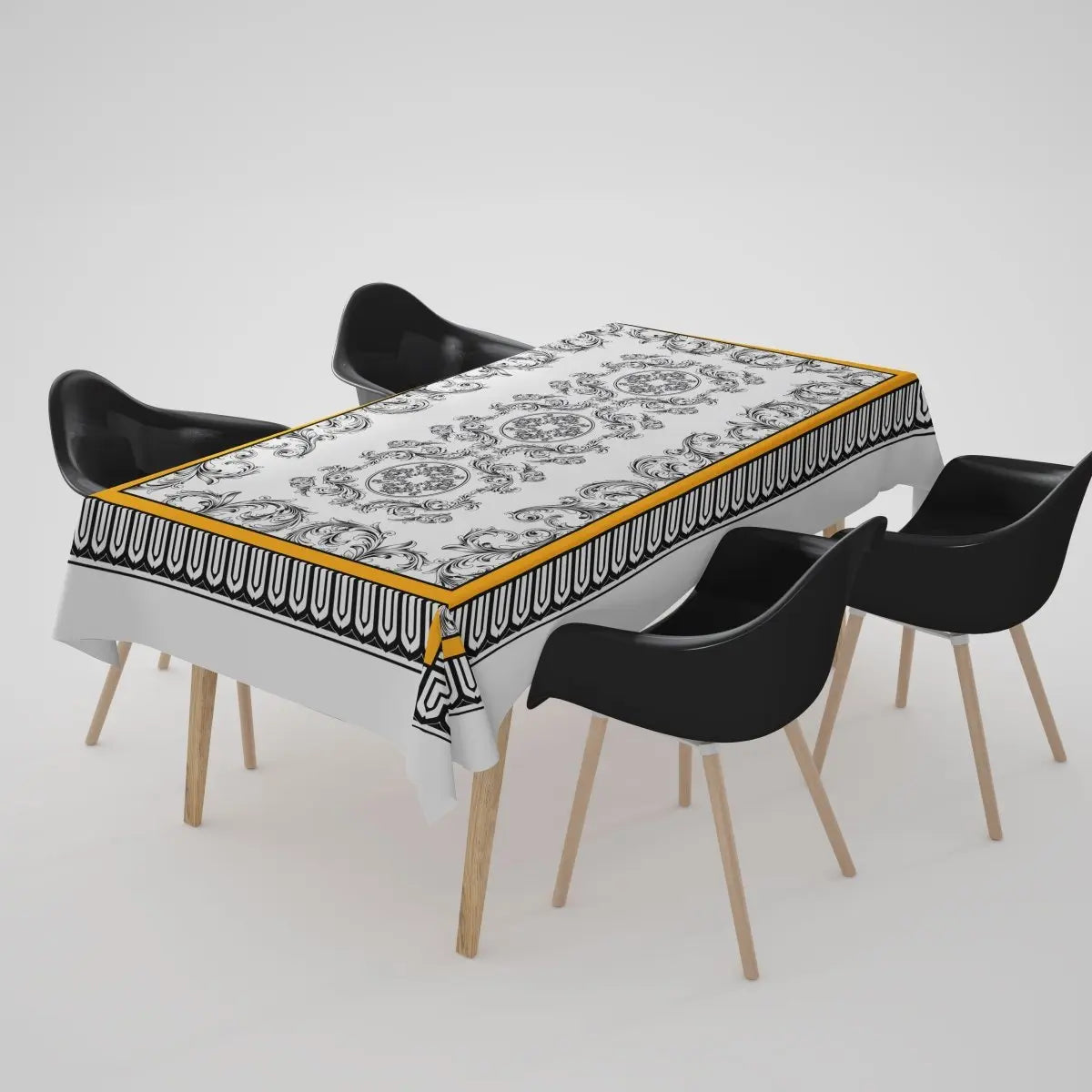 Barocco Harlequin Masa Örtüsü – 225x145 cm | Lüks Siyah Beyaz Barok Desenli Sofra Örtüsü | Queen Bee Istanbul - QueenBeeIstanbul
