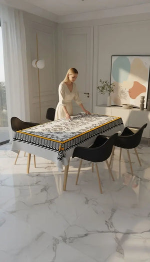 Barocco Harlequin Masa Örtüsü – 225x145 cm | Lüks Siyah Beyaz Barok Desenli Sofra Örtüsü | Queen Bee Istanbul - QueenBeeIstanbul