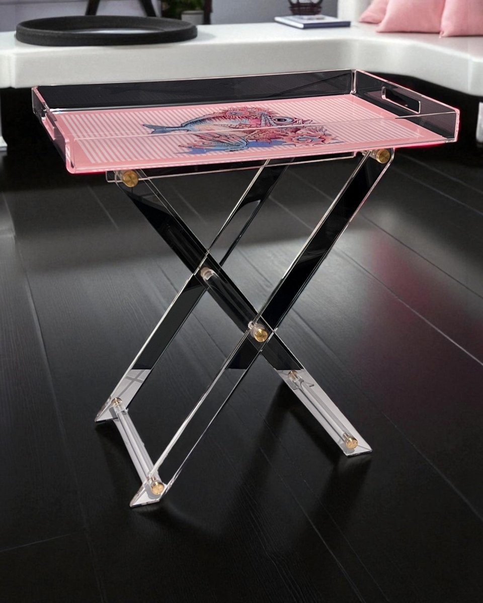 Kokoş Balıklı Akrilik Pleksi Katlanır Ayaklı Tepsili Sehpa - QueenBeeIstanbul