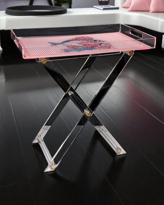 Kokoş Balıklı Akrilik Pleksi Katlanır Ayaklı Tepsili Sehpa - QueenBeeIstanbul