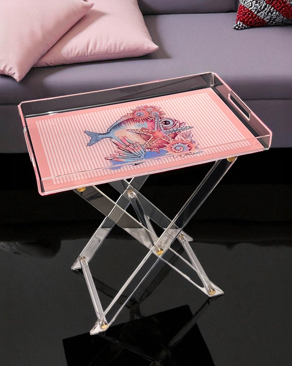 Kokoş Balıklı Akrilik Pleksi Katlanır Ayaklı Tepsili Sehpa - QueenBeeIstanbul