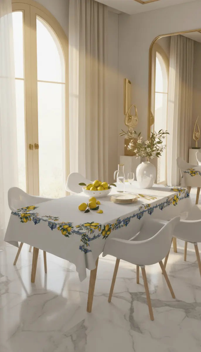 Mediterranean Lemon Masa Örtüsü - Keten Dokulu, Dertsiz ve Leke Tutmayan Akdeniz Desenli Sofra Örtüsü | Queen Bee Istanbul - QueenBeeIstanbul