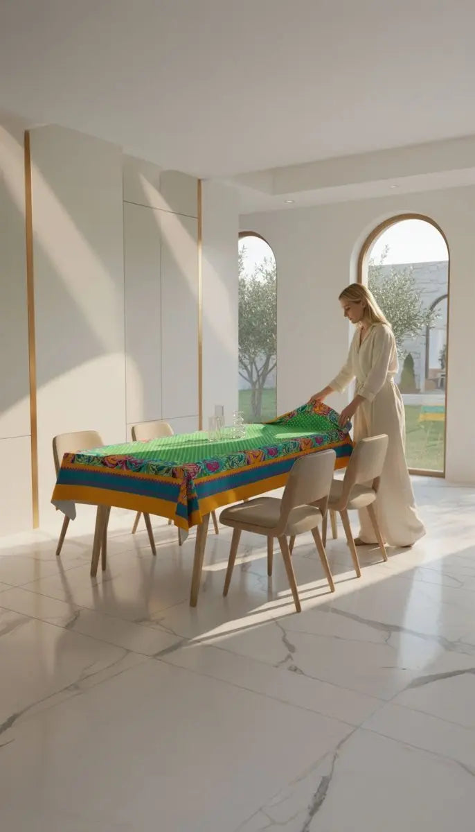 Viva Casa Masa Örtüsü – 225x145 cm | Keten Dokulu, Dertsiz ve Leke Tutmayan Canlı Desenli Sofra Örtüsü | Queen Bee Istanbul - QueenBeeIstanbul