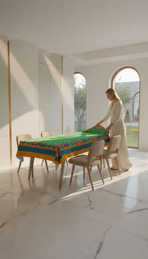 Viva Casa Masa Örtüsü – 225x145 cm | Keten Dokulu, Dertsiz ve Leke Tutmayan Canlı Desenli Sofra Örtüsü | Queen Bee Istanbul - QueenBeeIstanbul