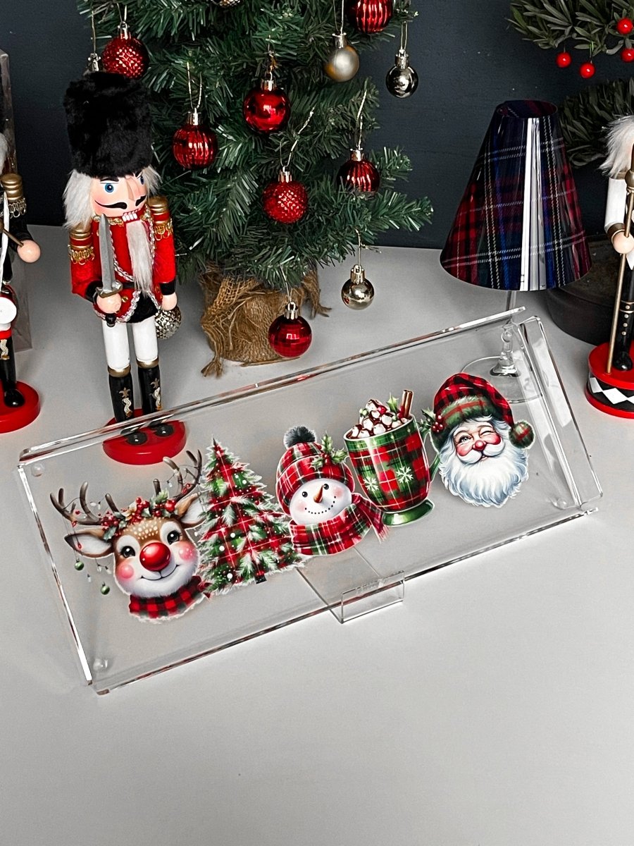 Yeni Yıl Yılbaşı Temalı 2'li Dekoratif Pleksi Tepsi ve 4'lü Bardak Altı Seti Santa - QueenBeeIstanbul