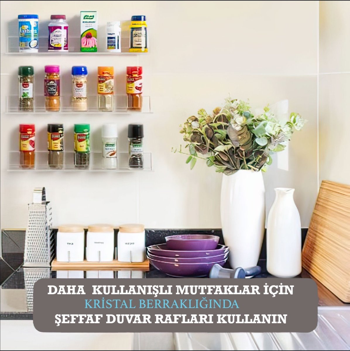 Akrilik Mutfak Rafı, Yerden Tasarruf Sağlayan Şeffaf 40cm Raf - QueenBeeIstanbul